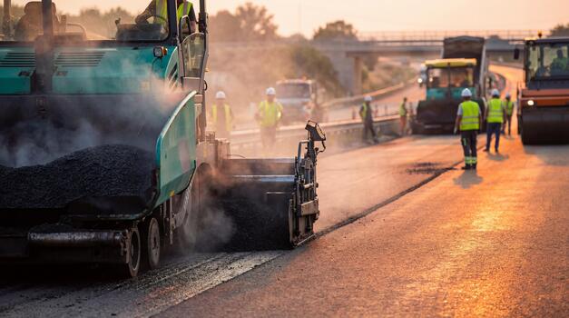 heavy paver machine laying hot asphalt on highway construction site at sunset photo